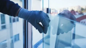 Glazier fitting a custom glass panel into a modern office window