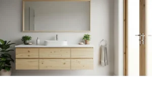 Modern bathroom with wooden vanity, sink, mirror, and plant decor