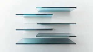 Modern, custom glass shelves on white wall.