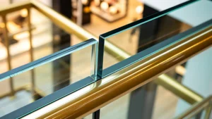 Glass railing with metal handrail in modern shopping mall interior architecture
